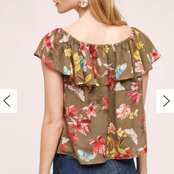 Anthropologie Maeve Vallita Off-The-Shoulder Floral Green Blouse Shirt Medium - Picture 2 of 6